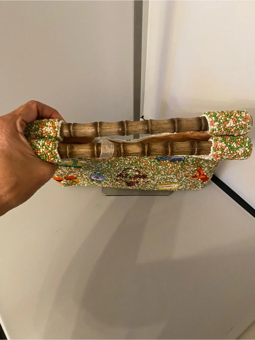 NWT Beaded Island-Vacation Summer Themed Satchel with Bamboo Handle -